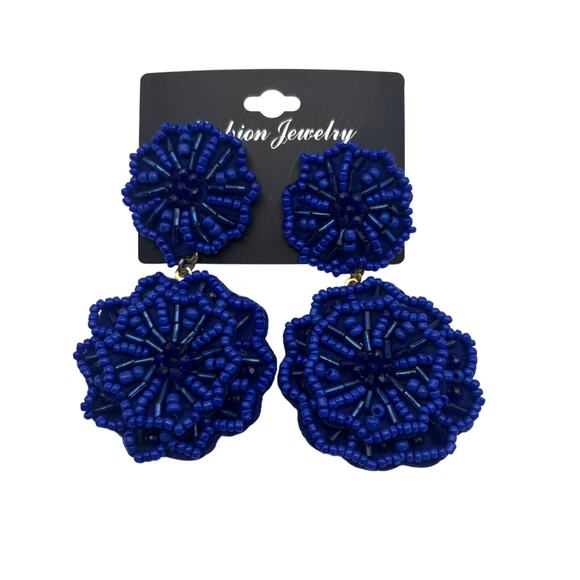 NWOT Royal Blue Beaded Dangle Floral Flower Pierced Ears Earrings - Picture 1 of 3